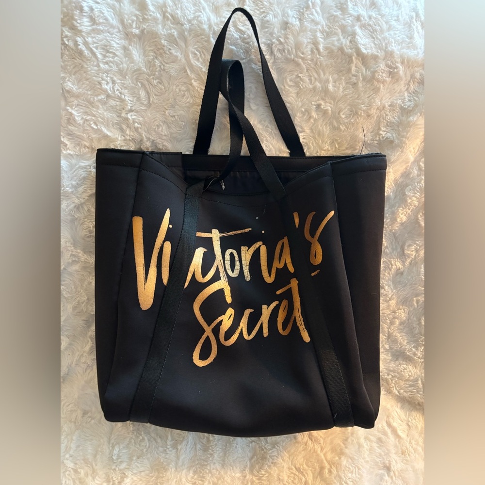 Victoria’s Secret Black & Gold Beach Bag Tote with Two Insulated Bottle Pockets